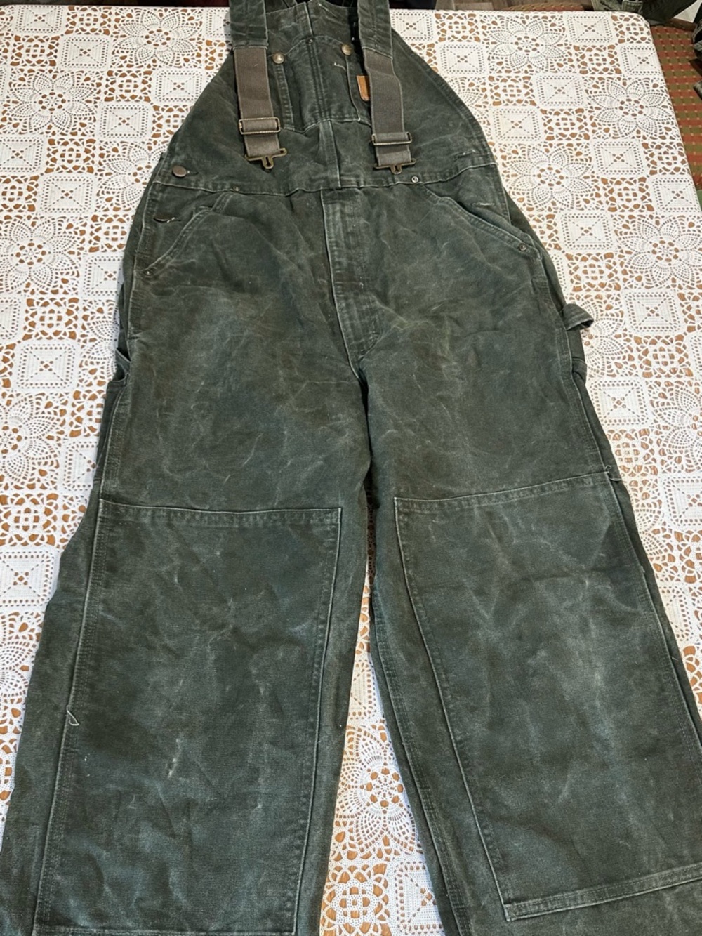 Carhartt Duck Canvas Bib Overalls Green Double Knee Workwear 32x36 Distressed